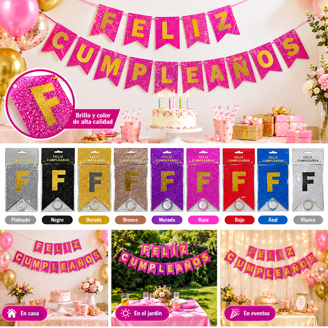 Guirnalda Banderín "Feliz Cumpleaños" con Glitter: Brillo