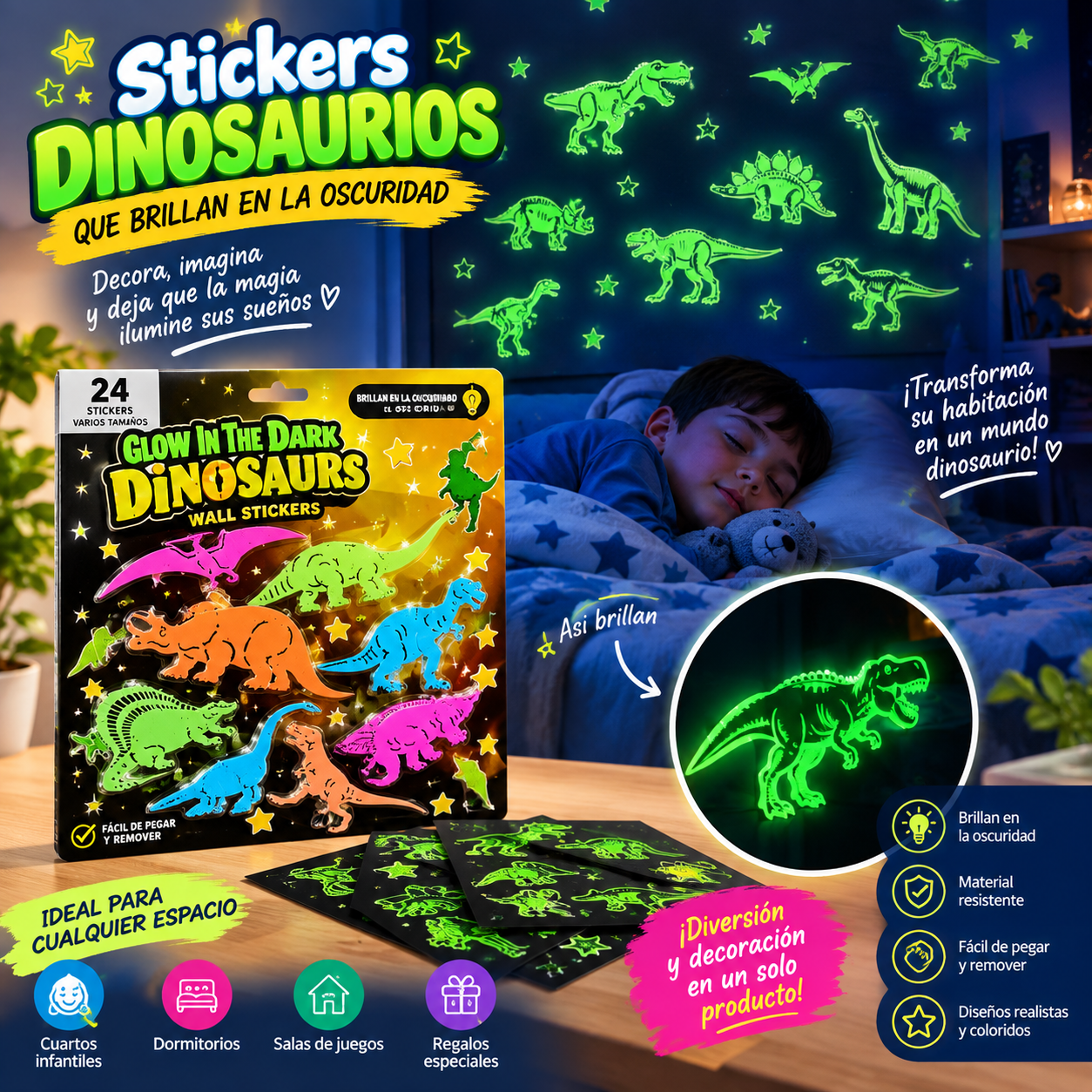 Set adhesivos fosforescentes Dinos o Estrellas