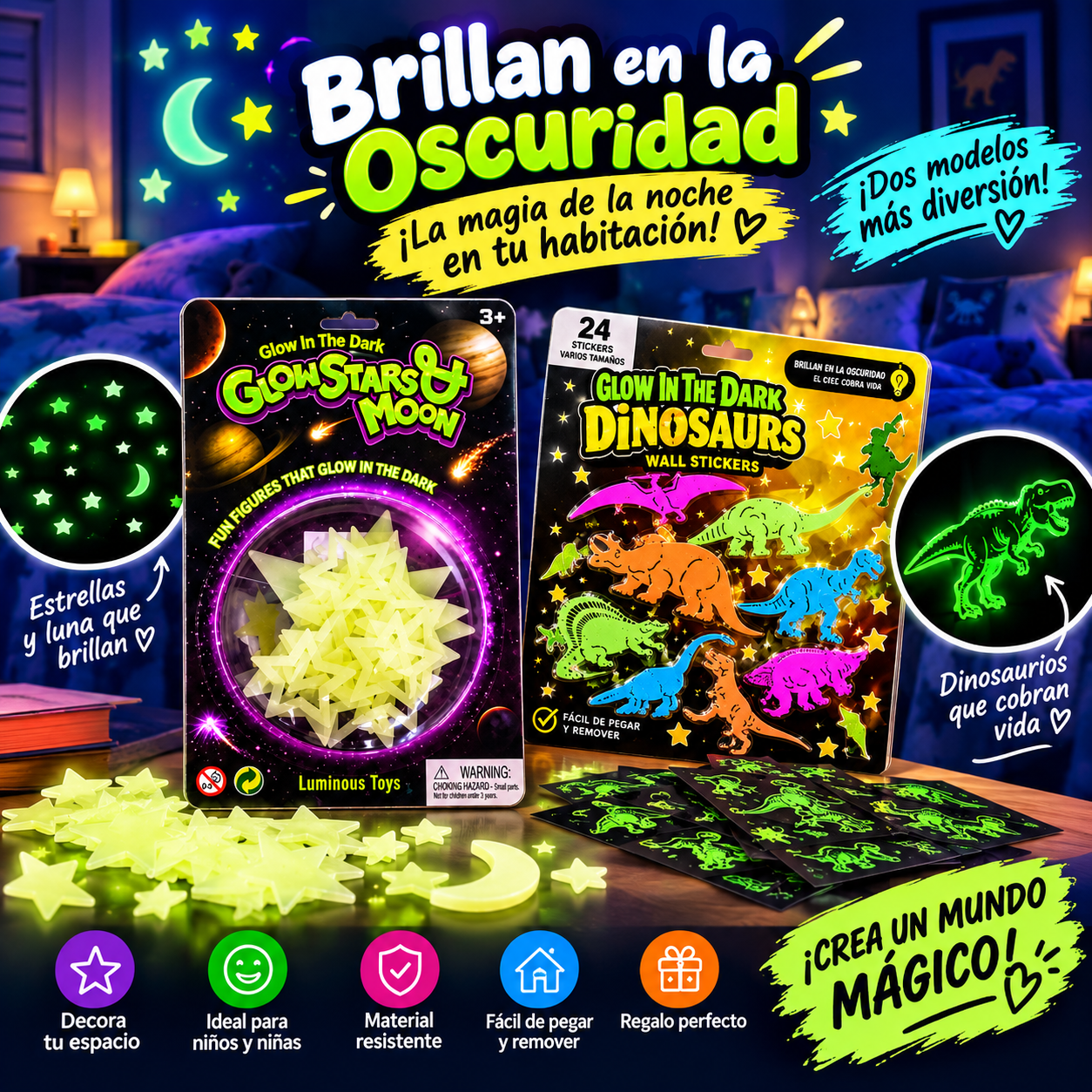 Set adhesivos fosforescentes Dinos o Estrellas